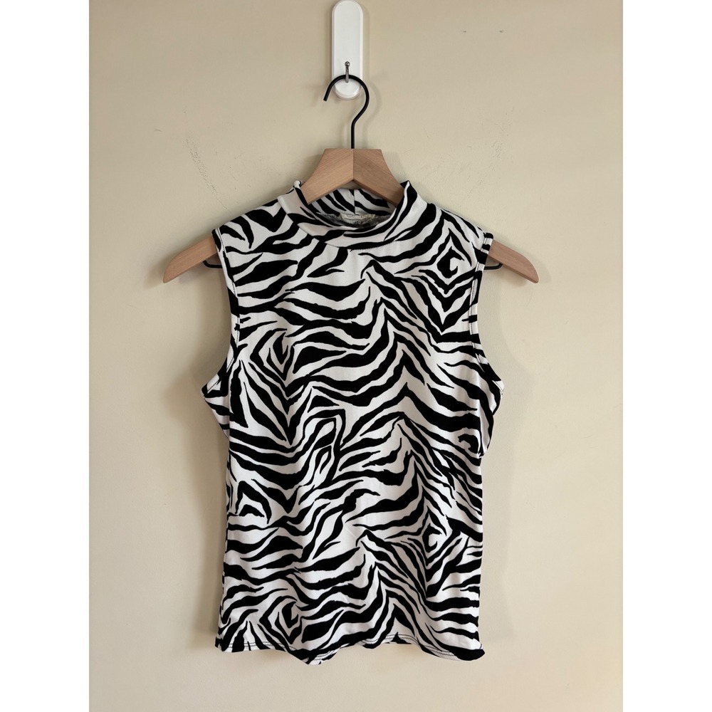 Olivia Rae Zebra Print Mock Neck Sleeveless Top Black White Medium